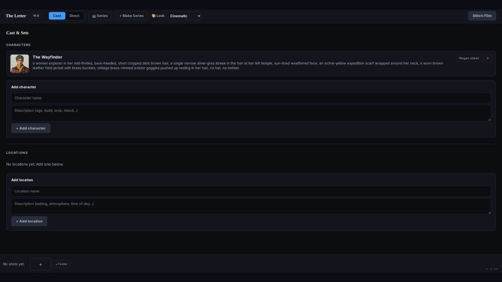 Filmoyo Cast and Sets panel showing the Wayfinder reference sheet with a regenerate option