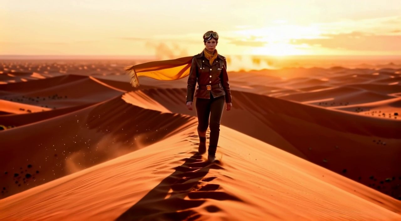 The Wayfinder walking desert dunes at sunset, goggles up and a scarf in the wind