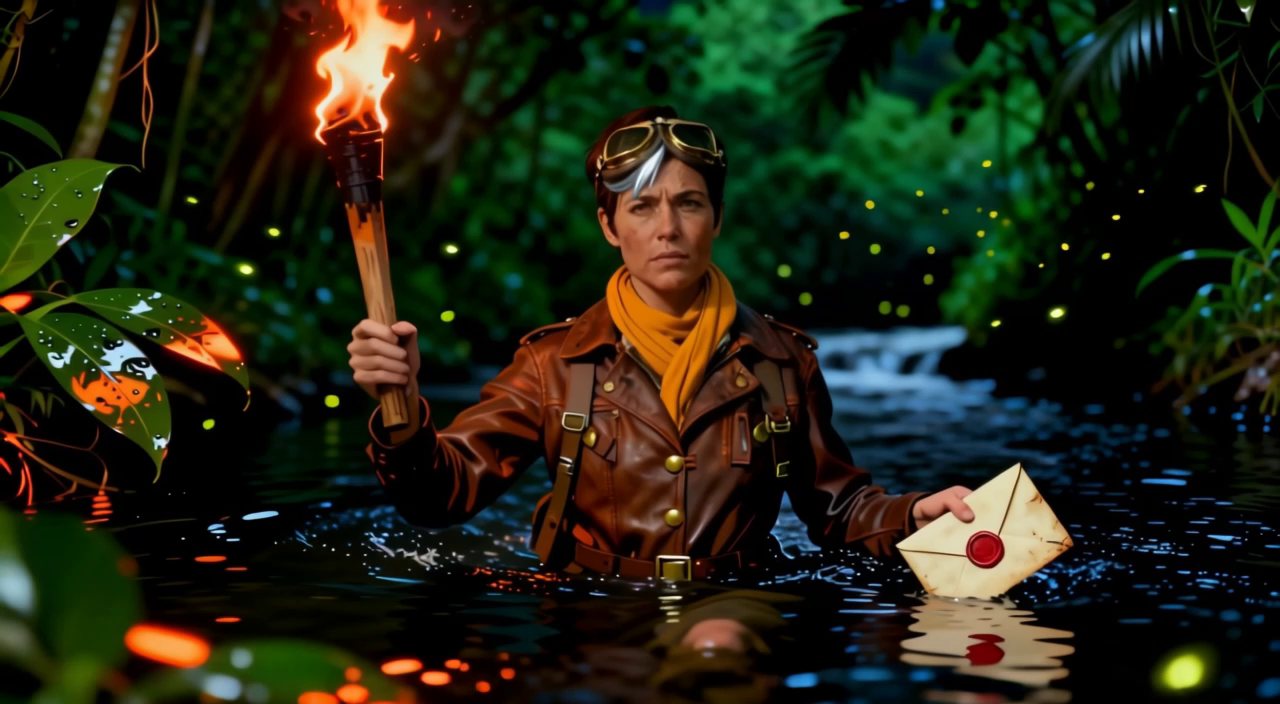 The Wayfinder standing in a jungle river at night, holding a torch and a sealed letter