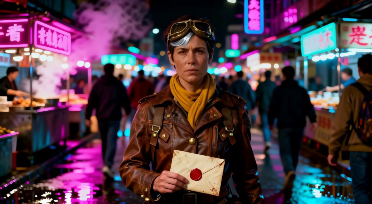 The Wayfinder in a neon market at night, from Filmoyo’s public Character Lock demo