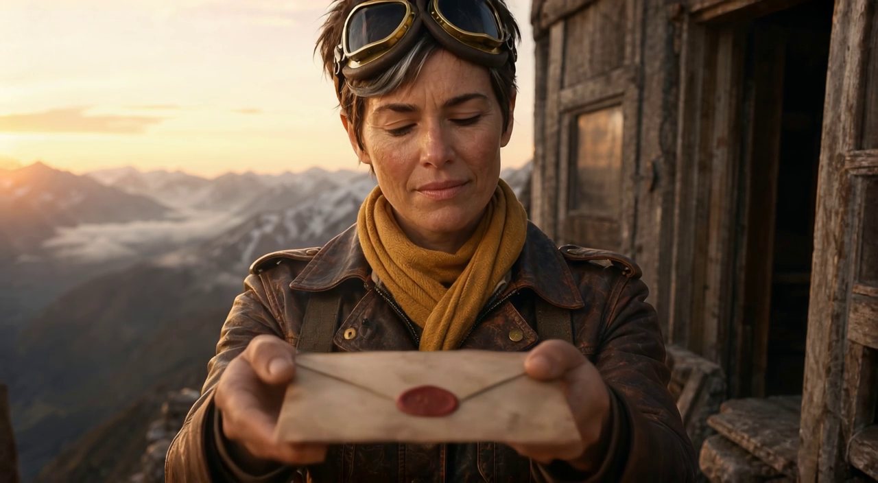 The Wayfinder at a mountain cabin at sunrise, holding the sealed letter