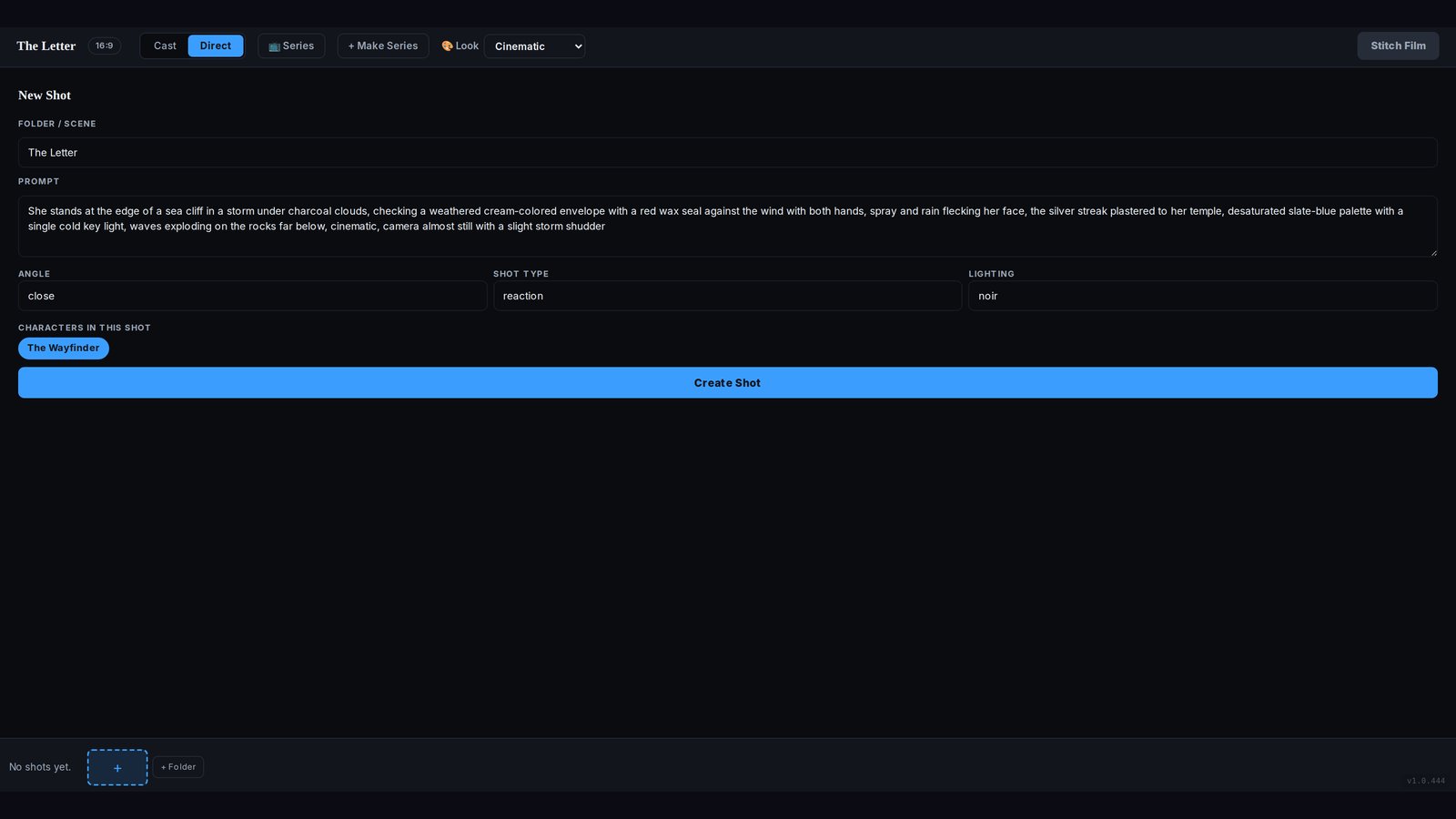 Filmoyo Direct tab with a shot prompt, close angle, reaction shot type, and the Wayfinder selected