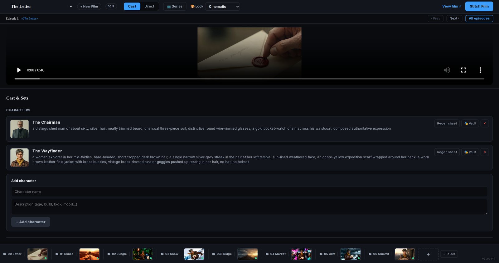 Filmoyo workspace with the cast list, including the Chairman and the Wayfinder, and a shot timeline